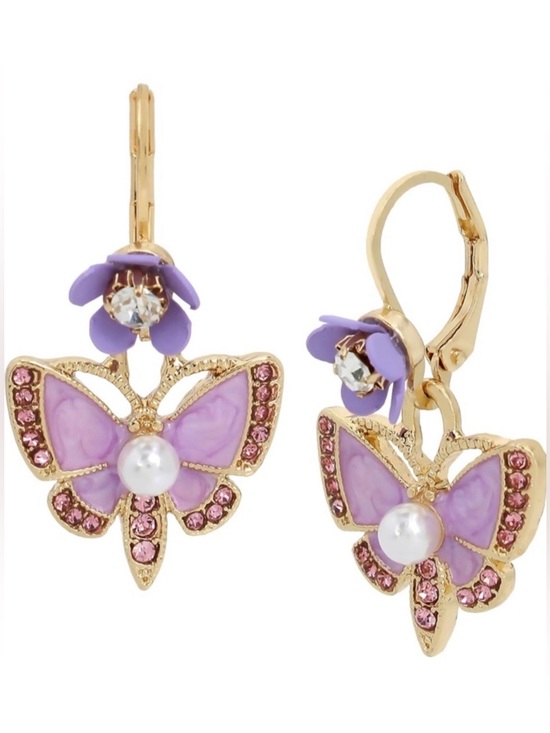 Betsey Johnson Jewelry - Betsey Johnson Purple Butterfly Pearl Drop Earrings